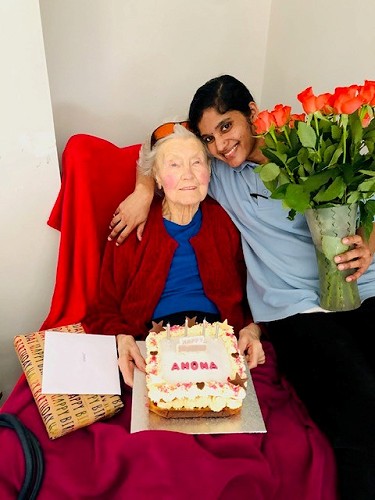Mrs Anona Edwards celebrating her birthday with Carer Nimmy